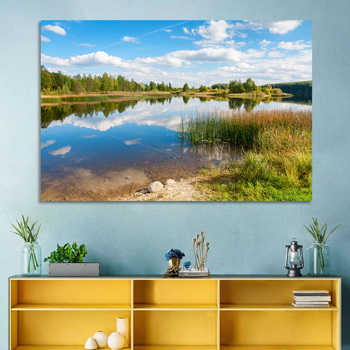 Paunkula Lake Reflections Wall Art in a room, landscape