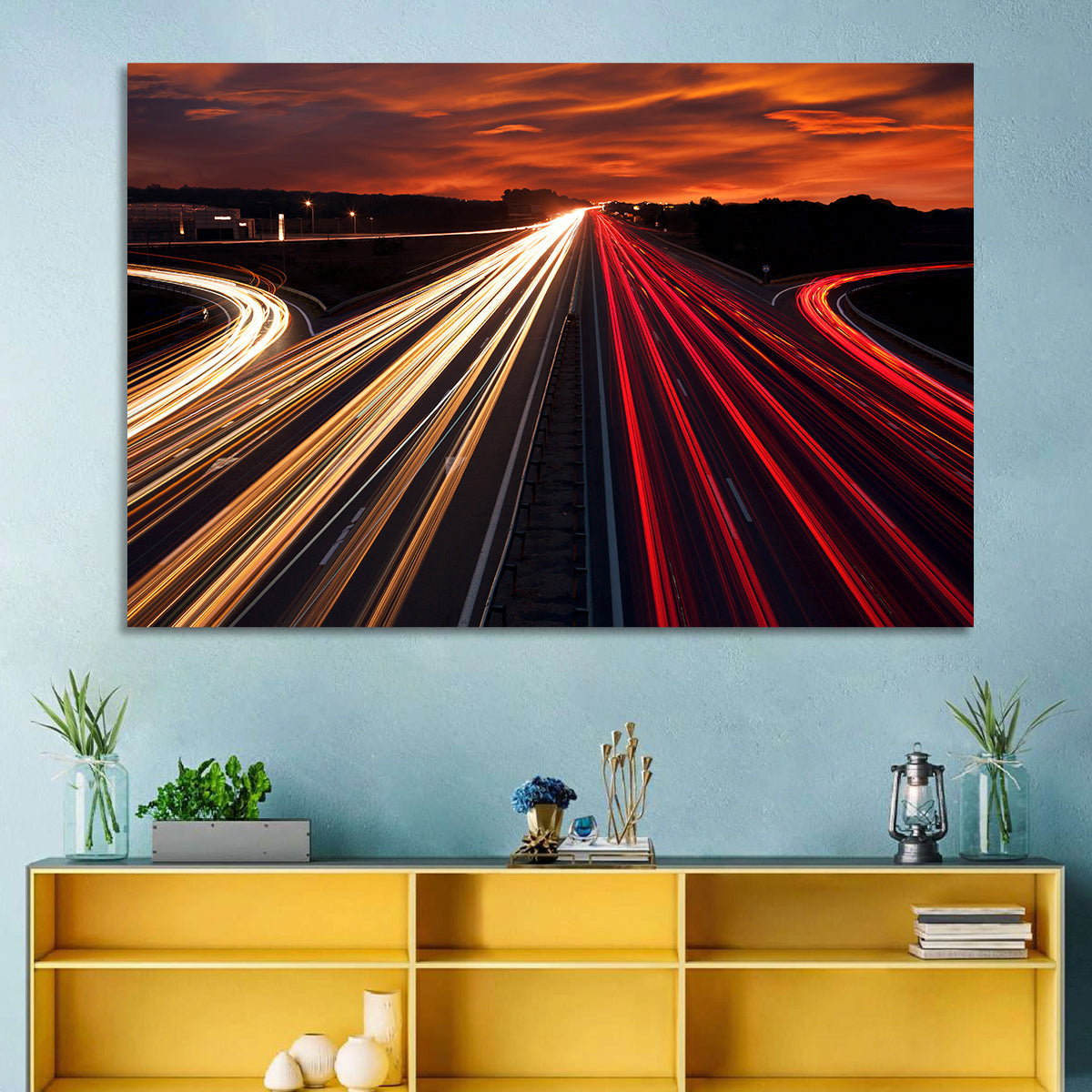 Sunset Highway Light Trails Wall Art in a room, landscape