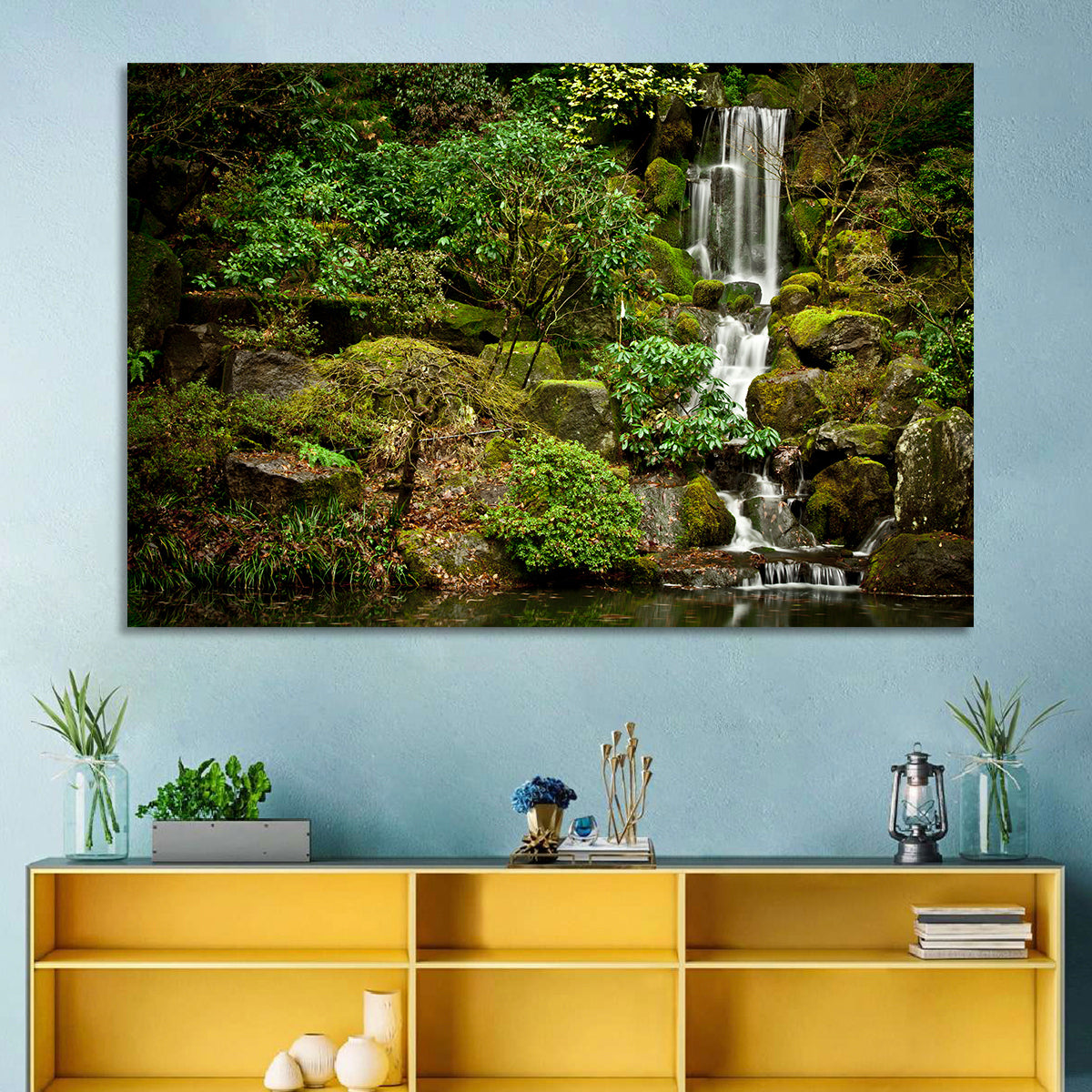 Secluded Mossy Waterfall Wall Art in a room, landscape
