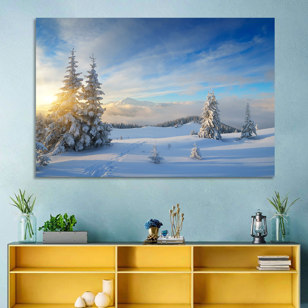 Carpathian Winter Sunrise Wall Art in a room, landscape