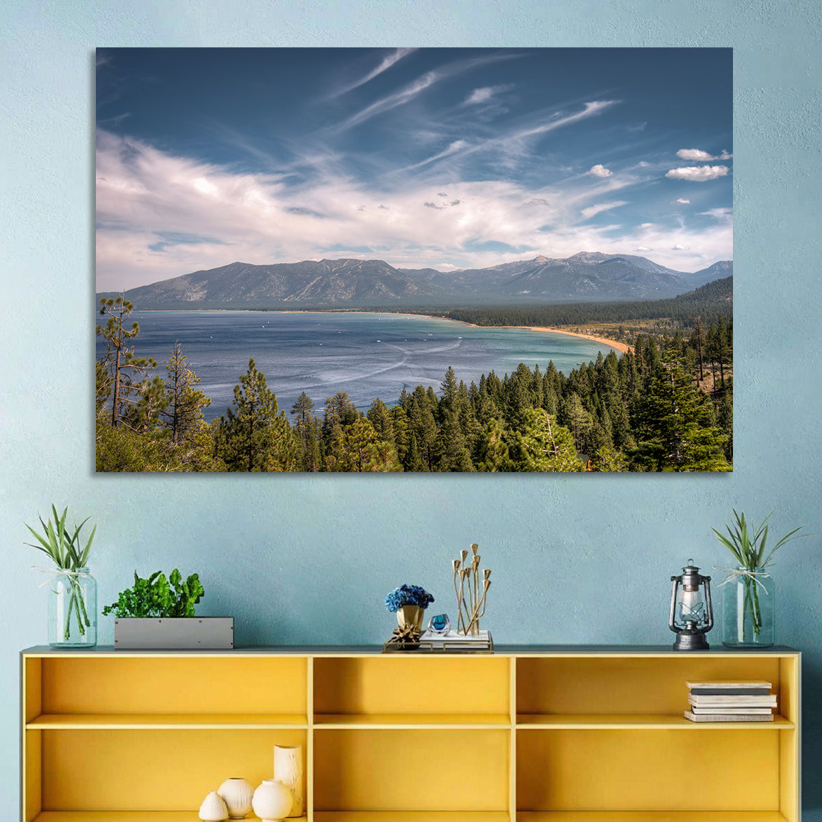 Pines Above a Blue Lake Wall Art in a room, landscape