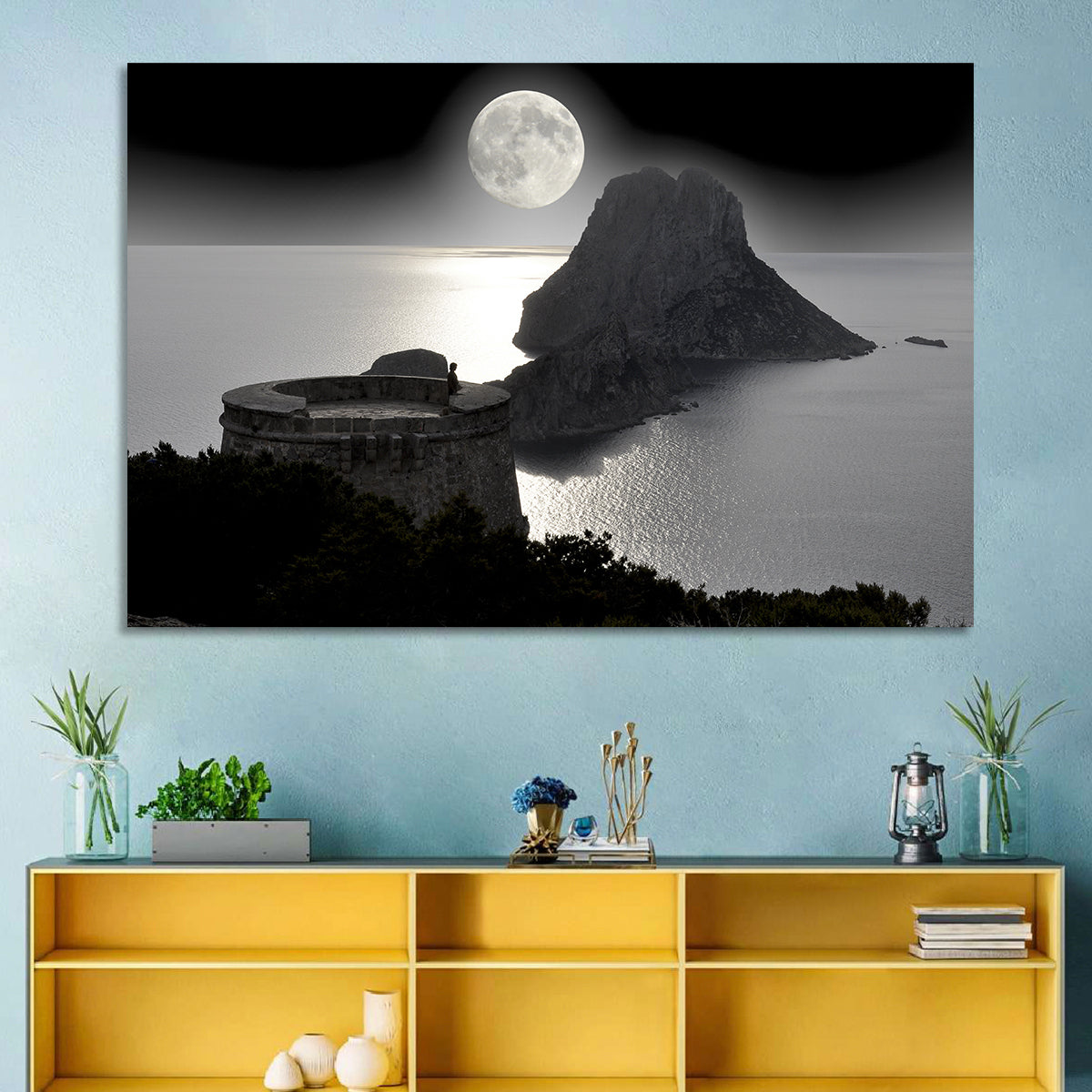 Pirates Tower Moonlit Watchtower, Ibiza Wall Art in a room, landscape