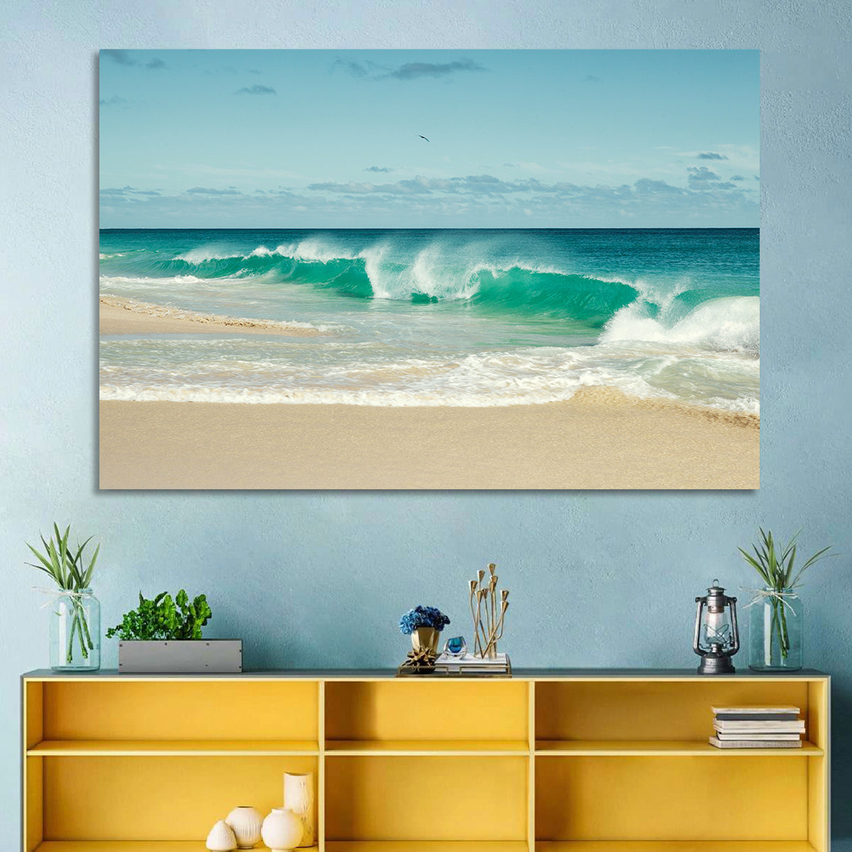 Turquoise Wave on Sandy Beach Wall Art in a room, landscape