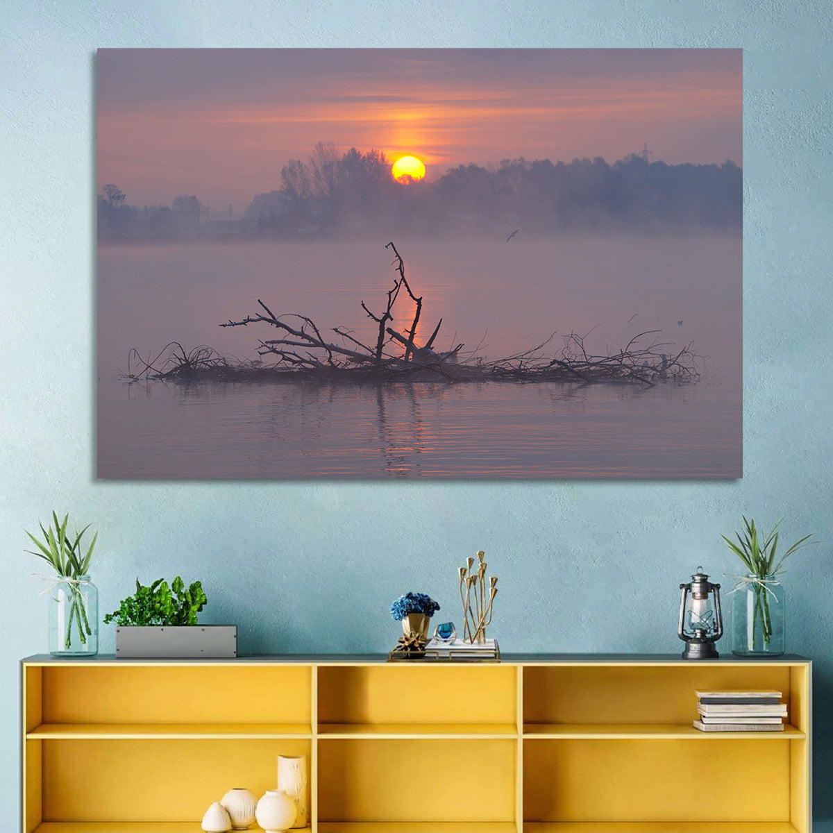 Misty Lake Sunrise with Fallen Tree Wall Art