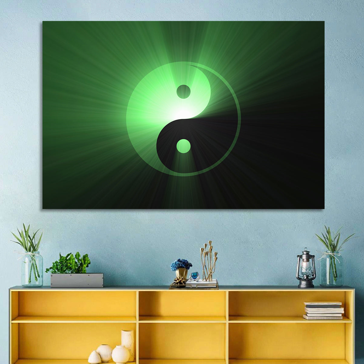 Green Glowing Yin Yang Wall Art in a room, landscape