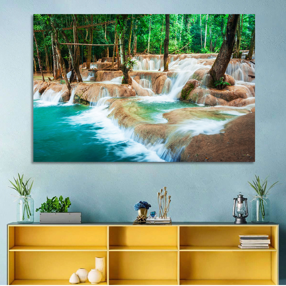 Kuang Si Waterfall Wall Art in a room, landscape