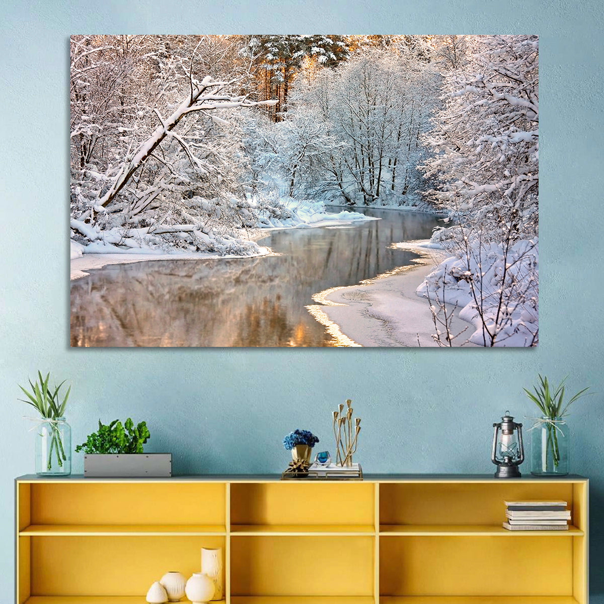Snow-covered Stream at Golden Hour Wall Art in a room, landscape