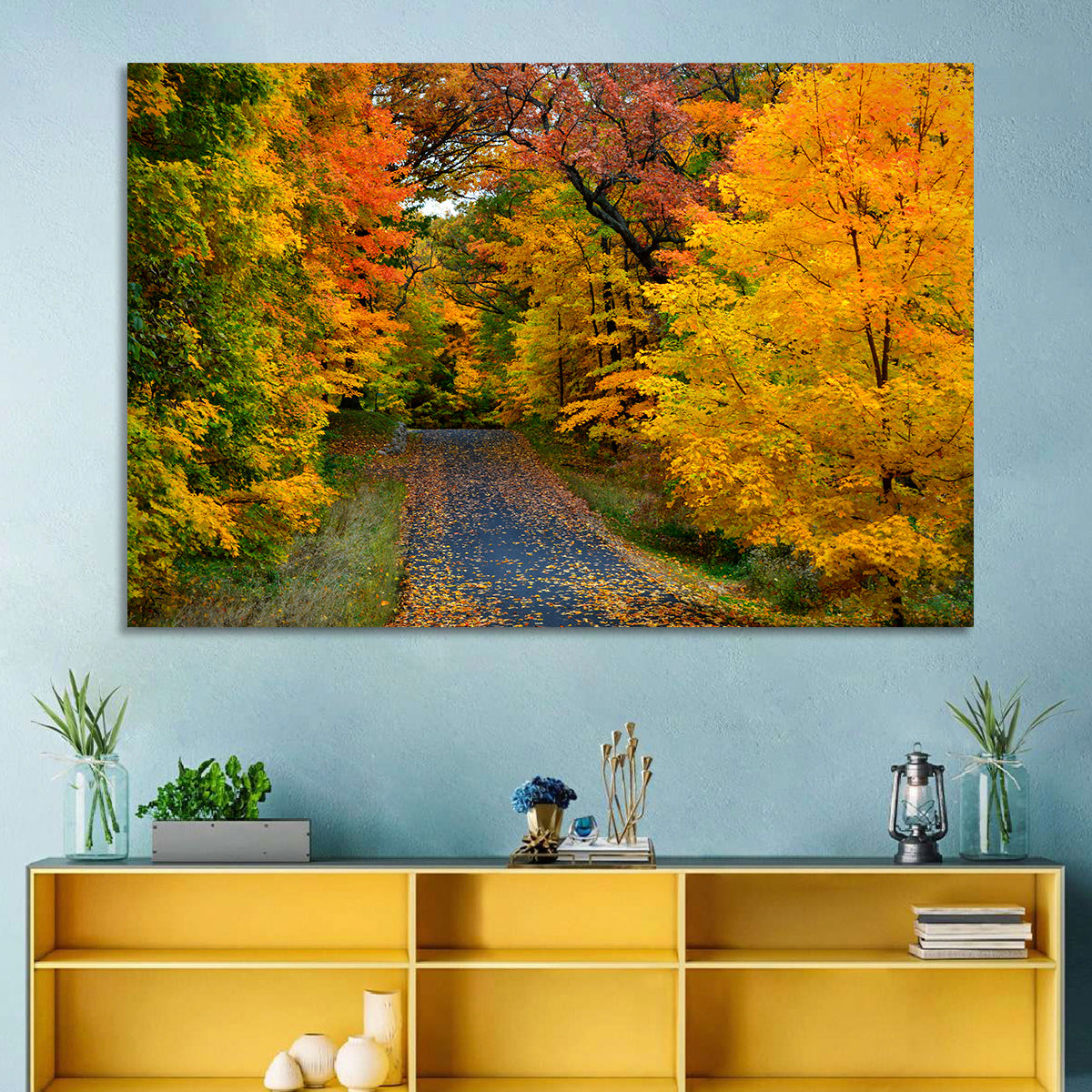 Autumn Road Through Wisconsin Park Wall Art in a room, landscape
