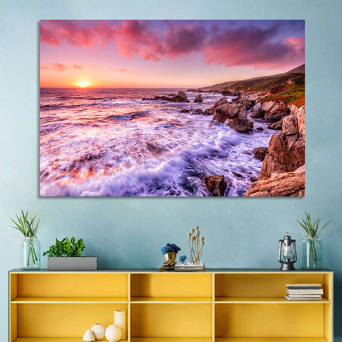 Dusk Over California Cliffs Wall Art in a room, landscape