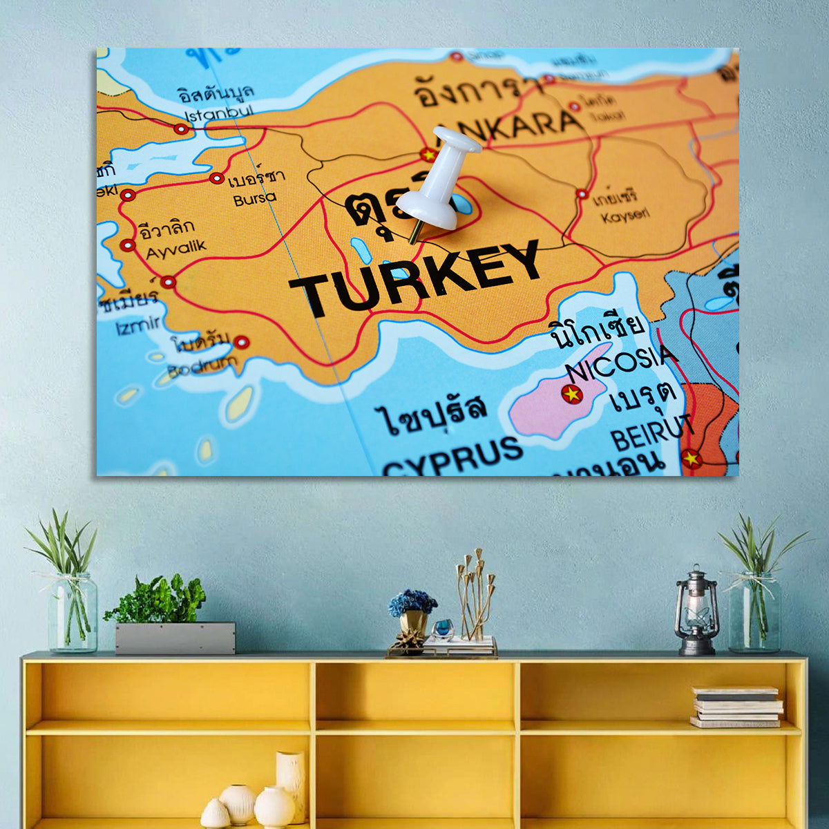 Turkey Map with Ankara Pin Wall Art in a room, landscape