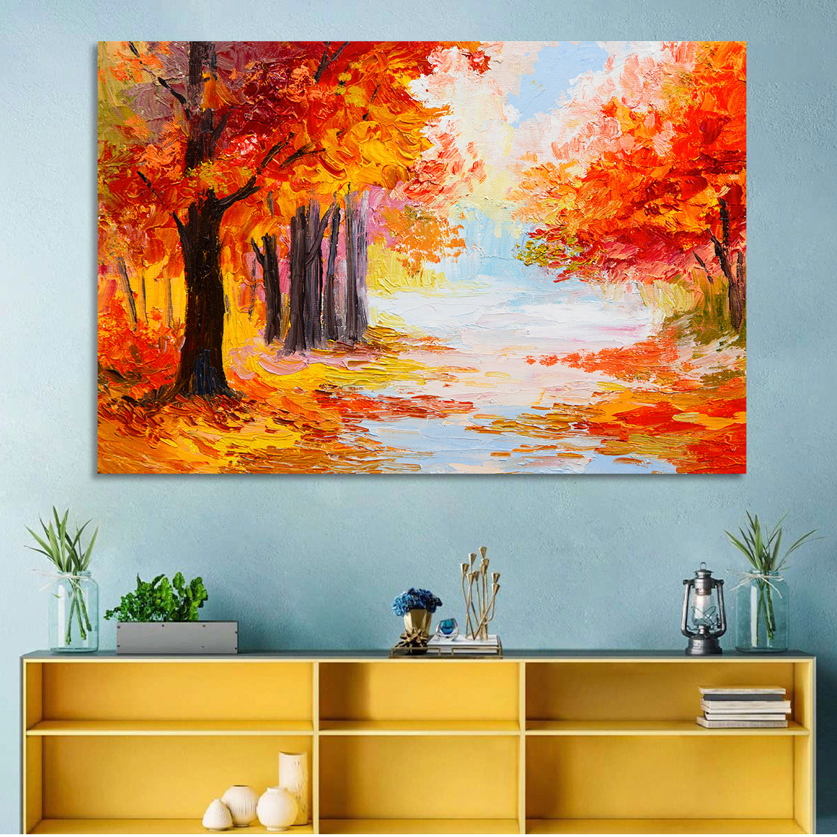 Autumn Forest Pathway Wall Art in a room, landscape
