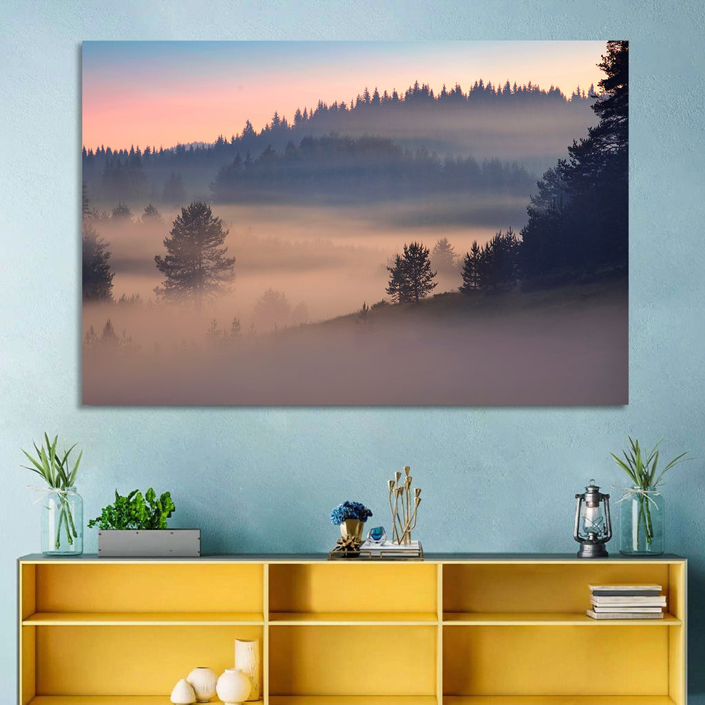 Misty Sunrise Forest Wall Art