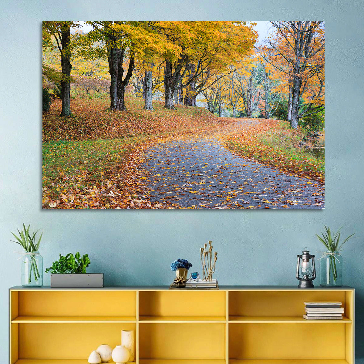 Autumn Road with Golden Canopy Wall Art in a room, landscape