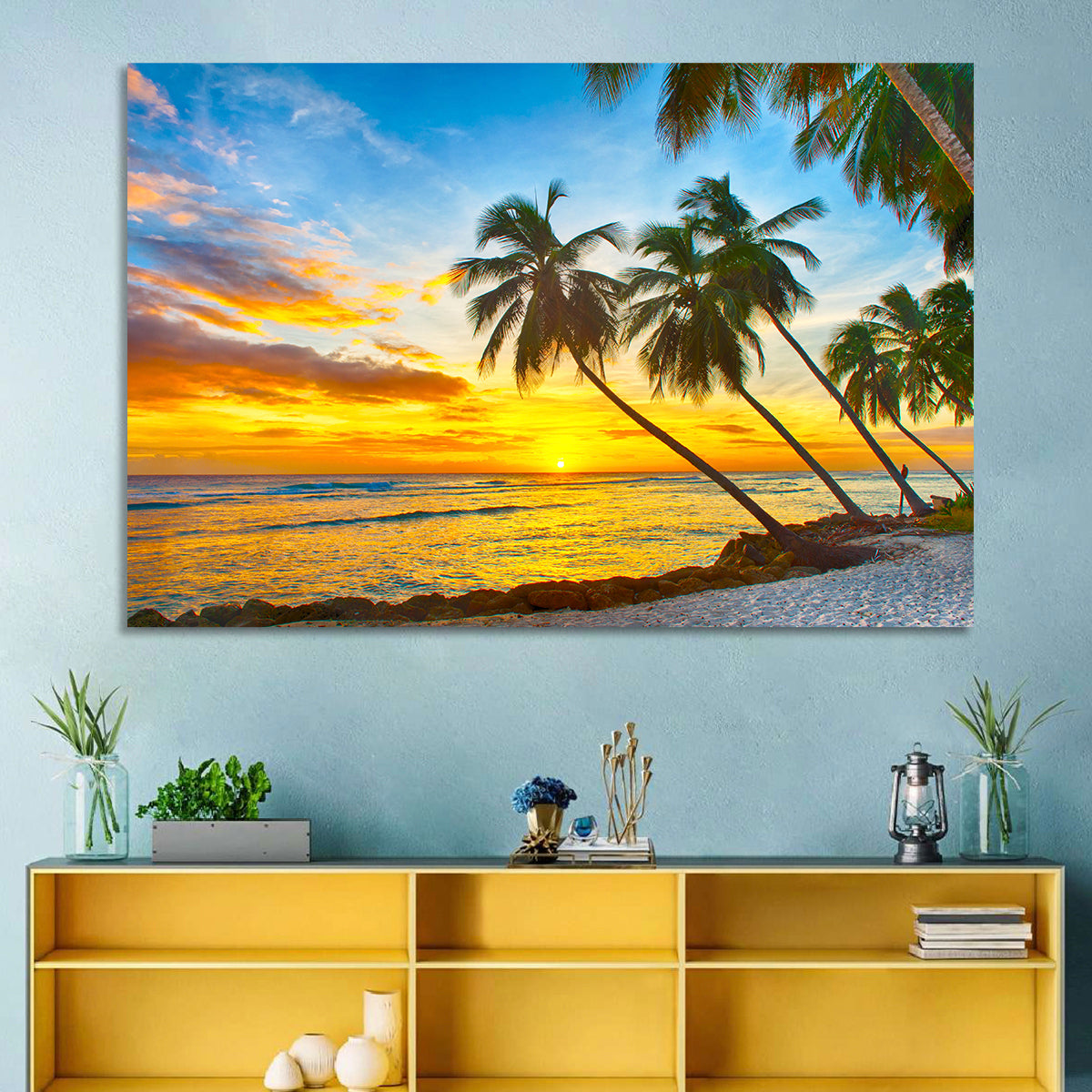 Palm Island Sunset Wall Art in a room, landscape