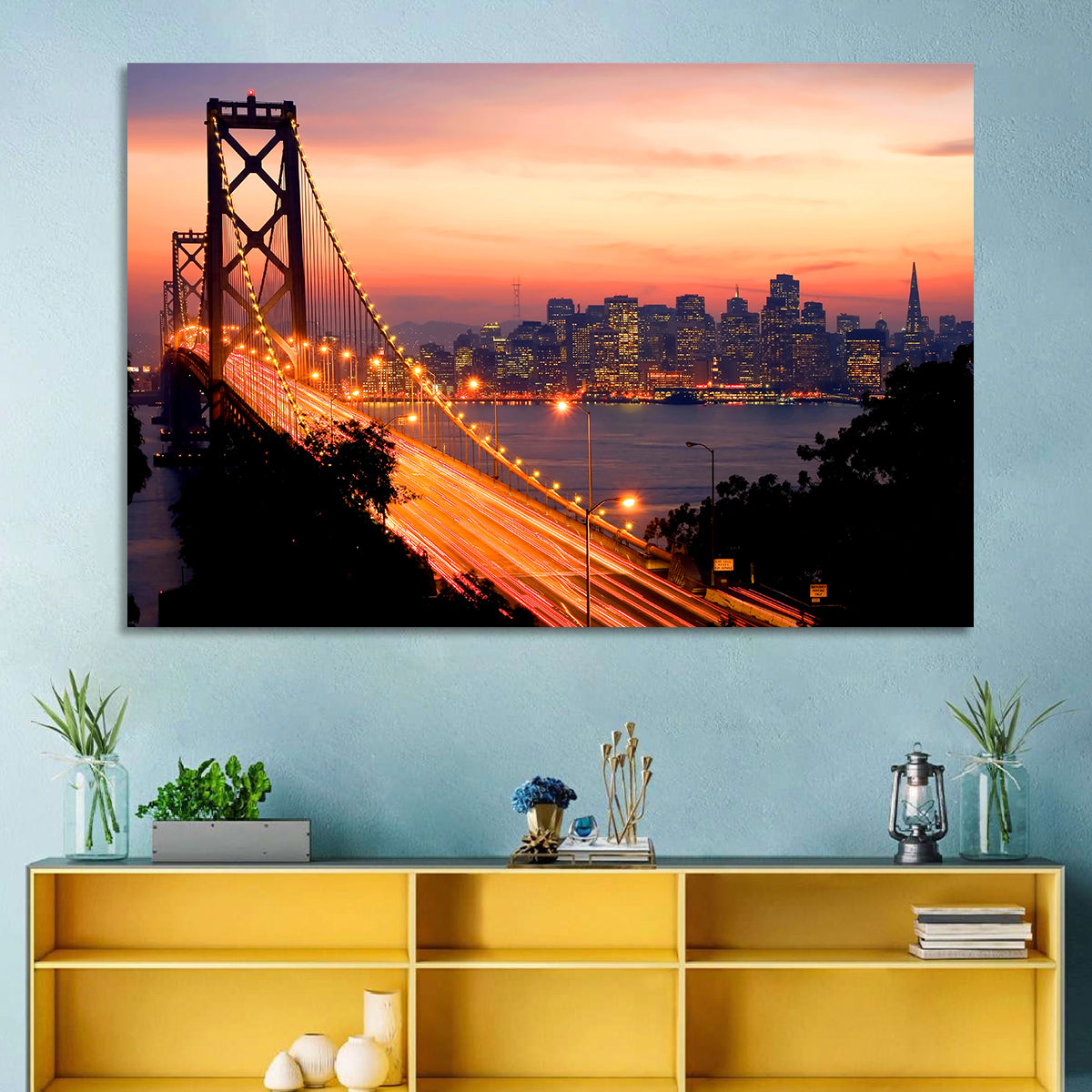 Bay Bridge Light Trails at Sunset Wall Art in a room, landscape