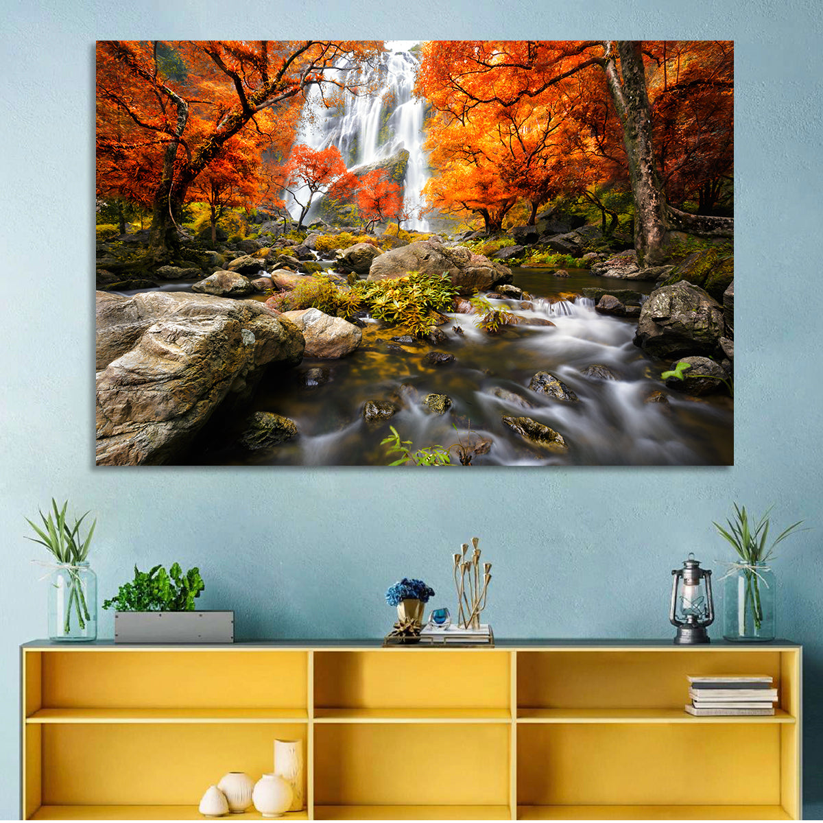 Autumn Forest Waterfall Wall Art in a room, landscape