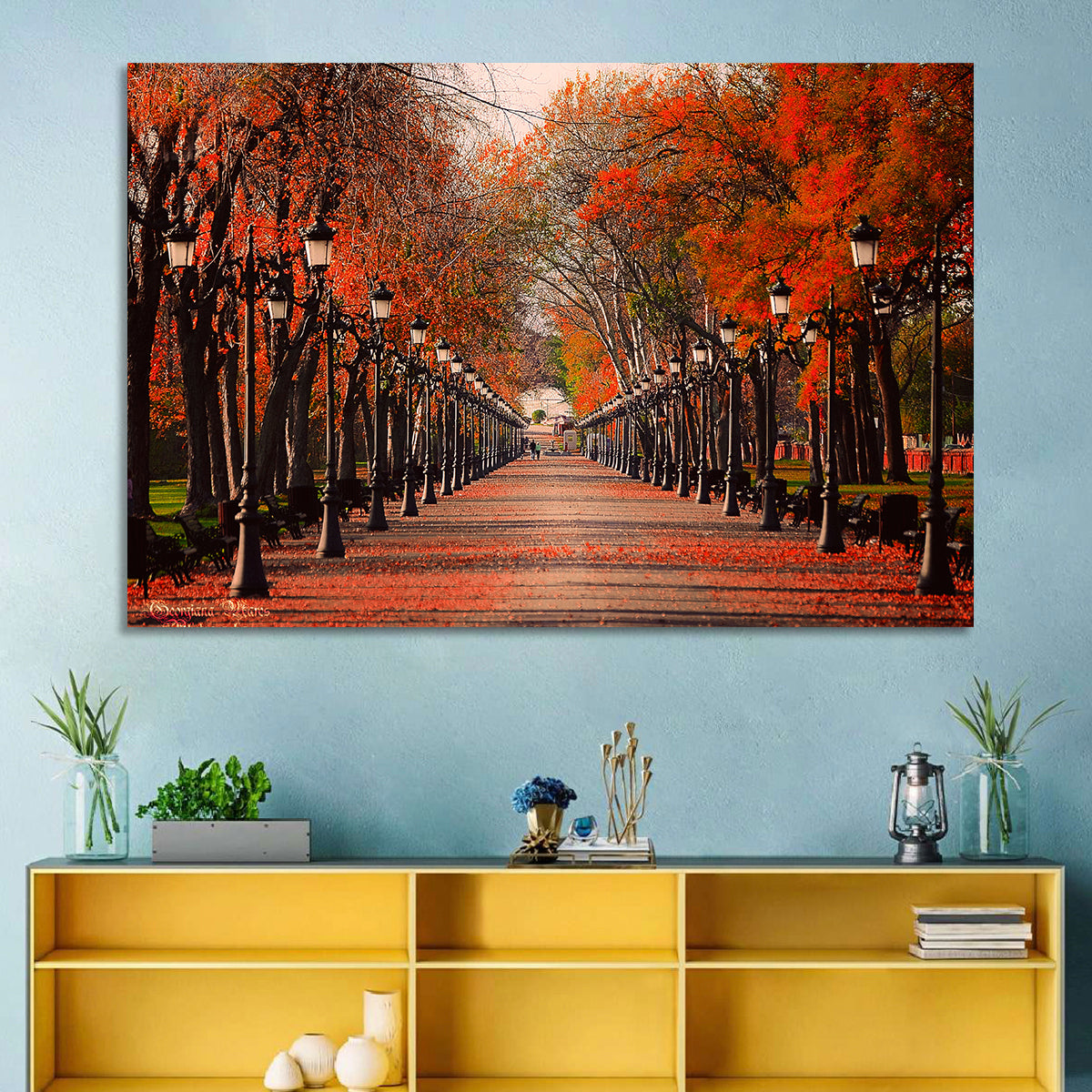 Autumn Park Path with Vintage Lampposts Wall Art in a room, landscape