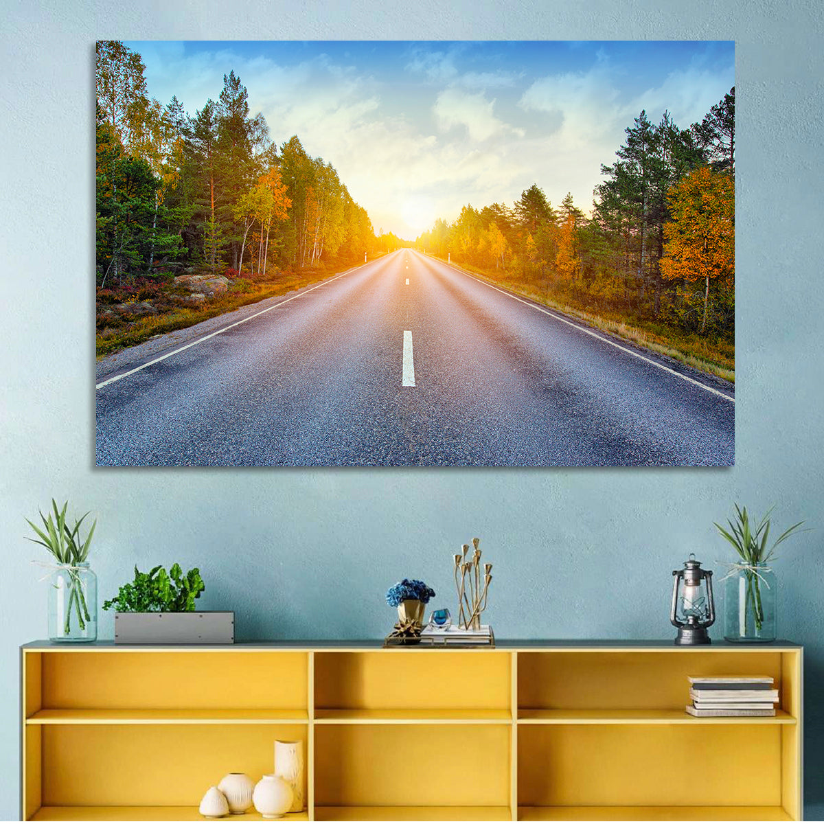Sunlit Autumn Forest Road Wall Art
