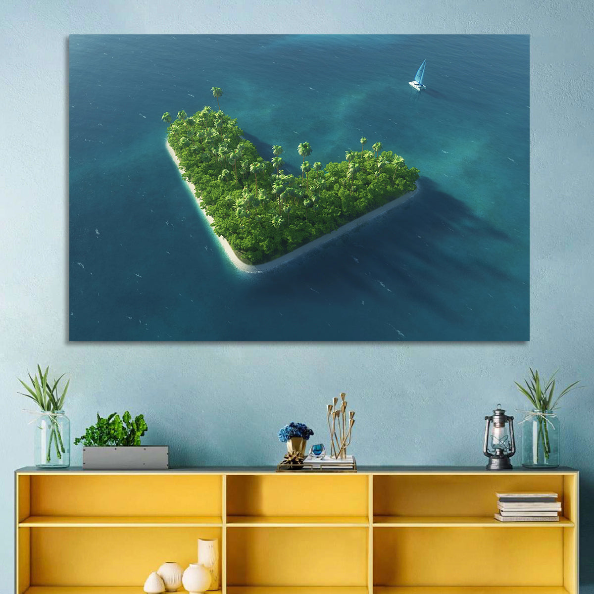 V-shaped Tropical Island with Distant Catamaran Wall Art