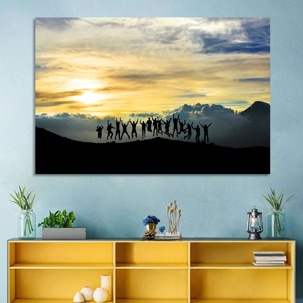 Golden Team Silhouettes at Sunset Wall Art in a room, landscape