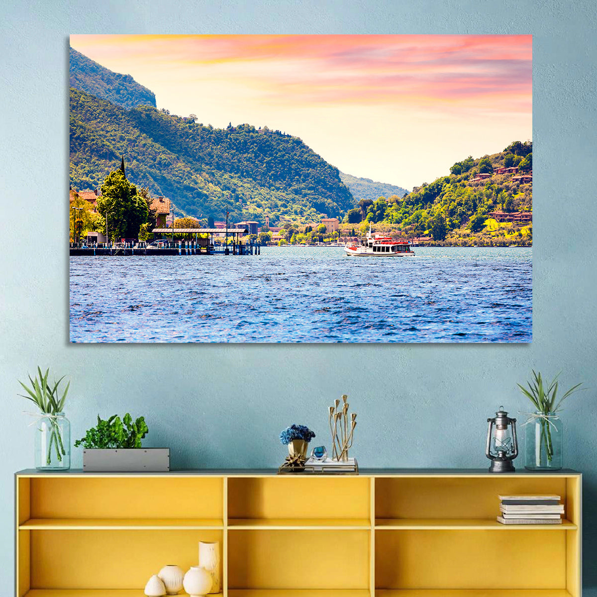 Lake Iseo Morning Harbor Wall Art in a room, landscape