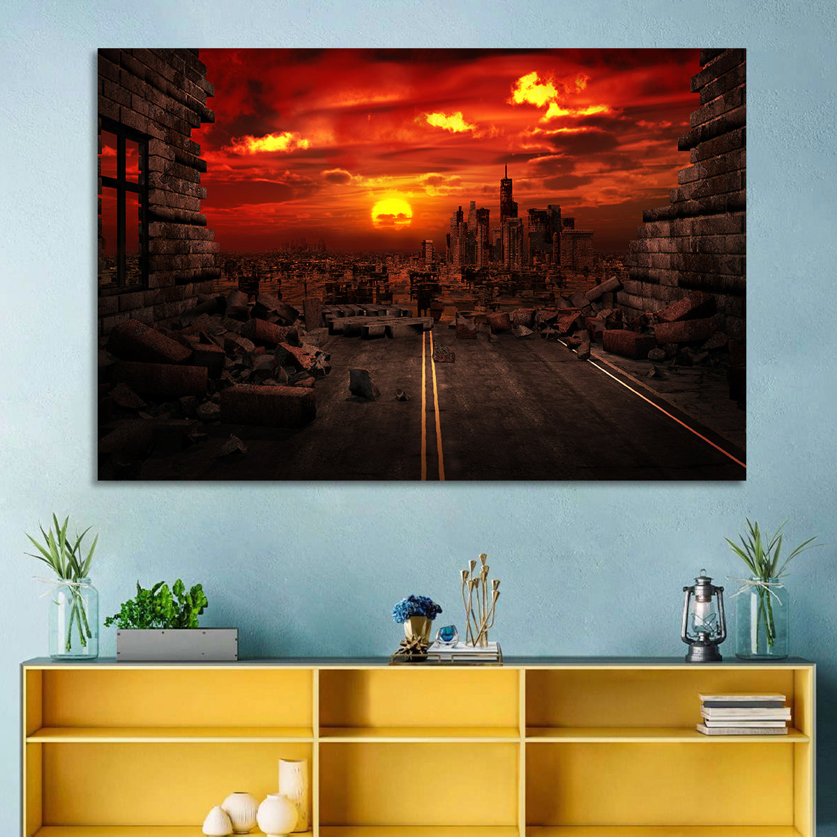 Apocalyptic Sunset Wall Art in a room, landscape