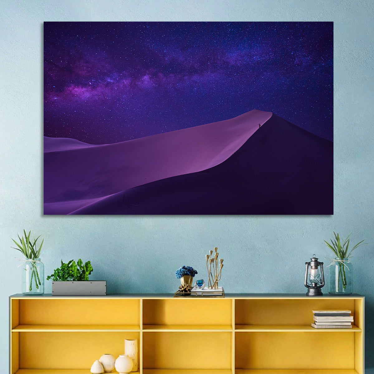 Lone Hiker Under the Milky Way Wall Art in a room, landscape