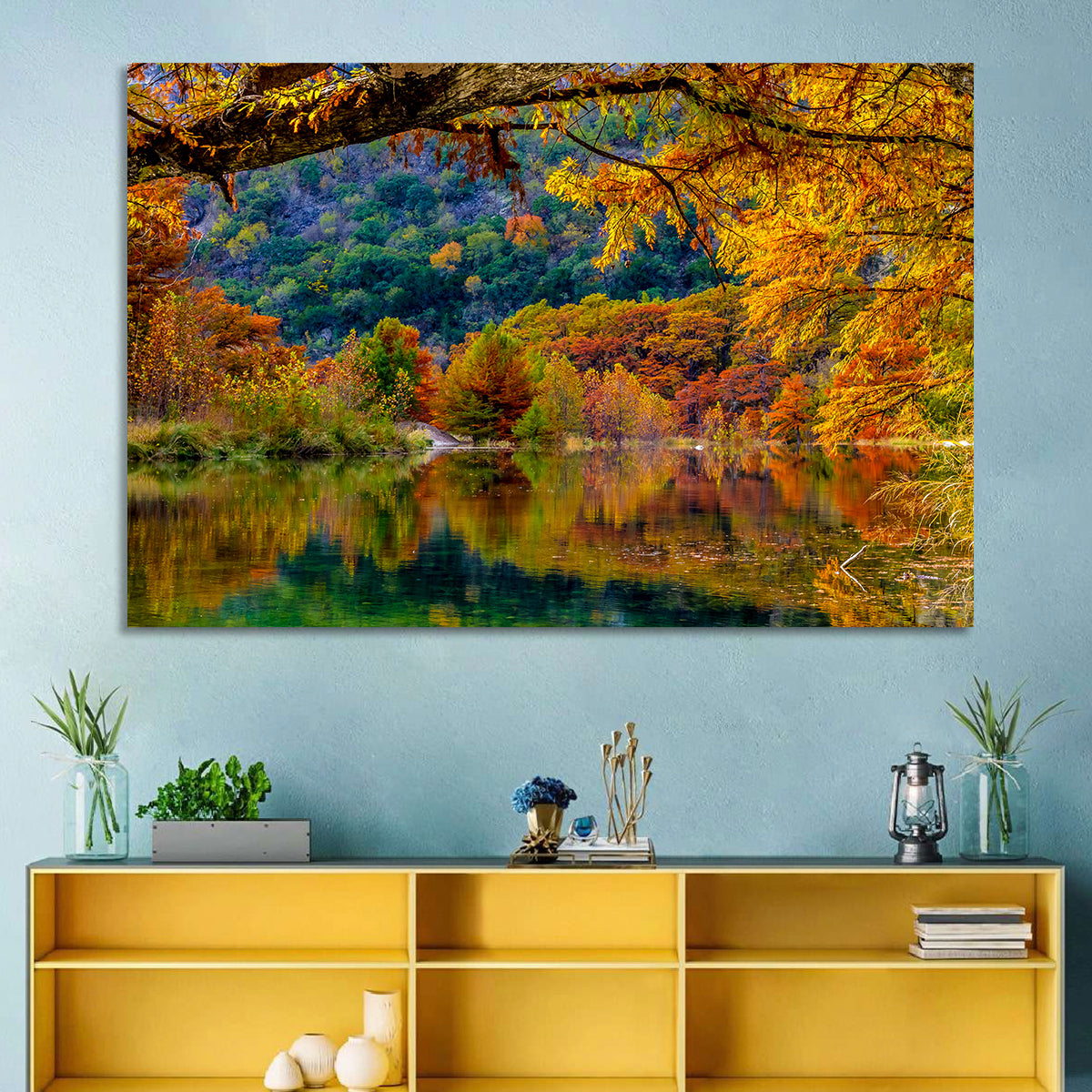 Frio River Autumn Reflection Wall Art in a room, landscape