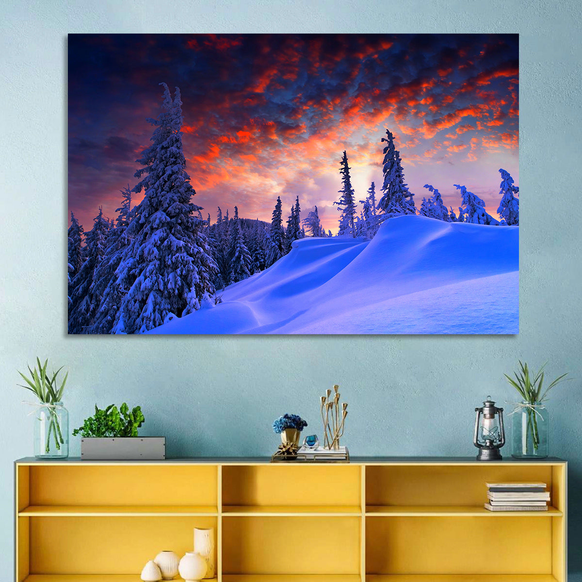 Snow-covered Mountain Sunset Wall Art in a room, landscape