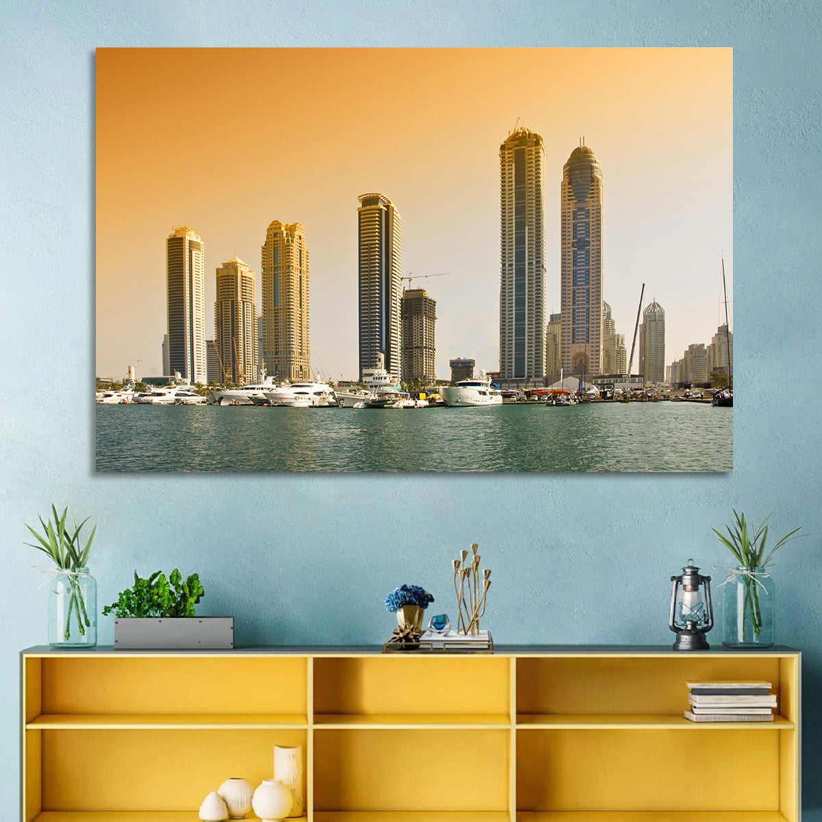 Dubai Marina Sunset Skyline with Yachts Wall Art in a room, landscape
