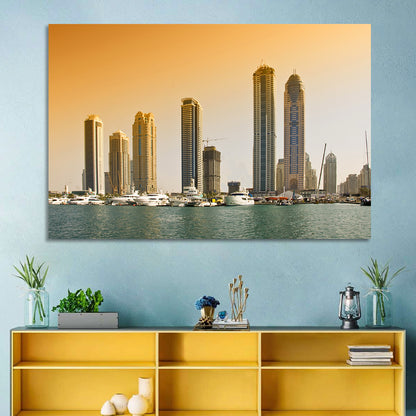 Dubai Marina Sunset Skyline with Yachts Wall Art