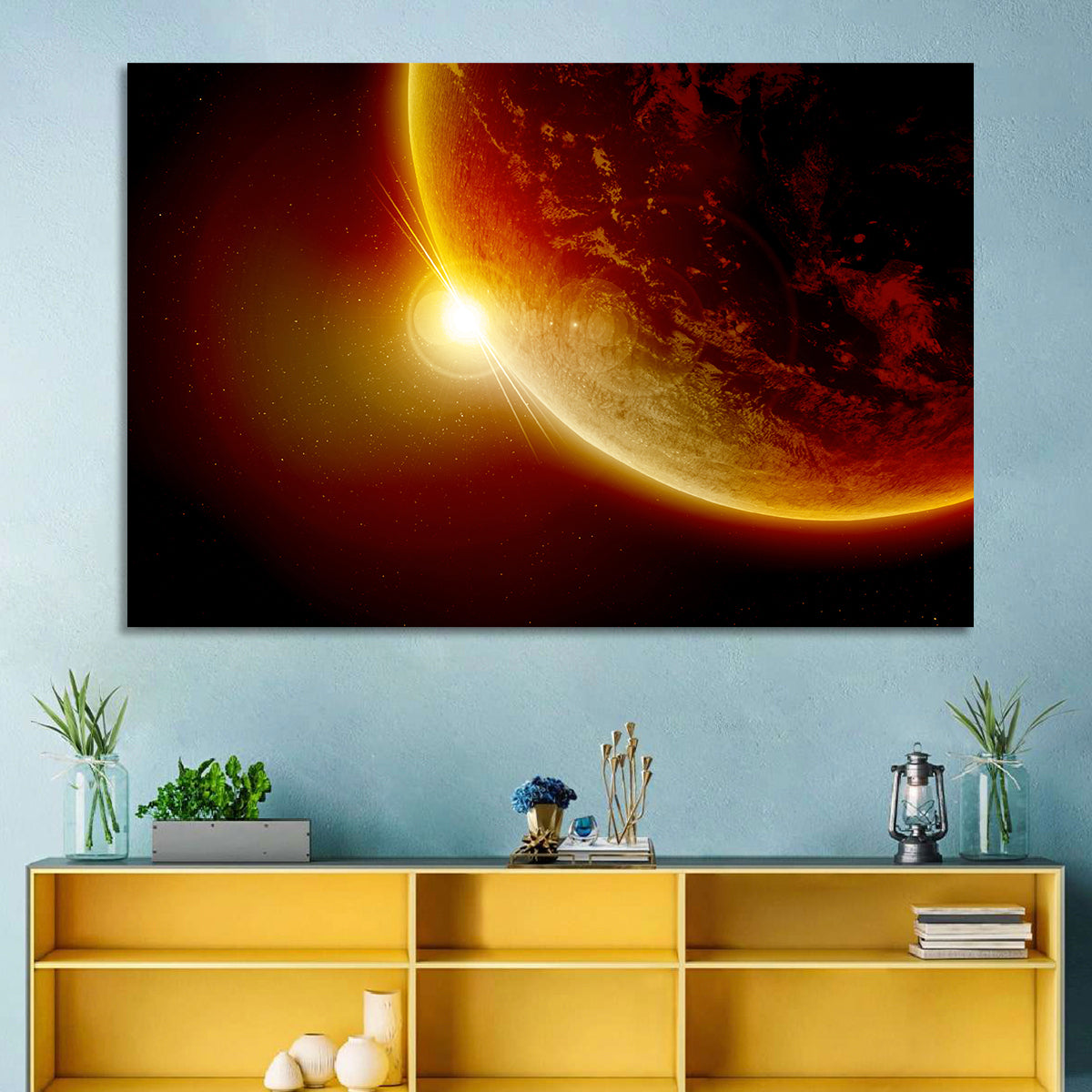 Red Planet Sunrise Limb Flare Wall Art in a room, landscape