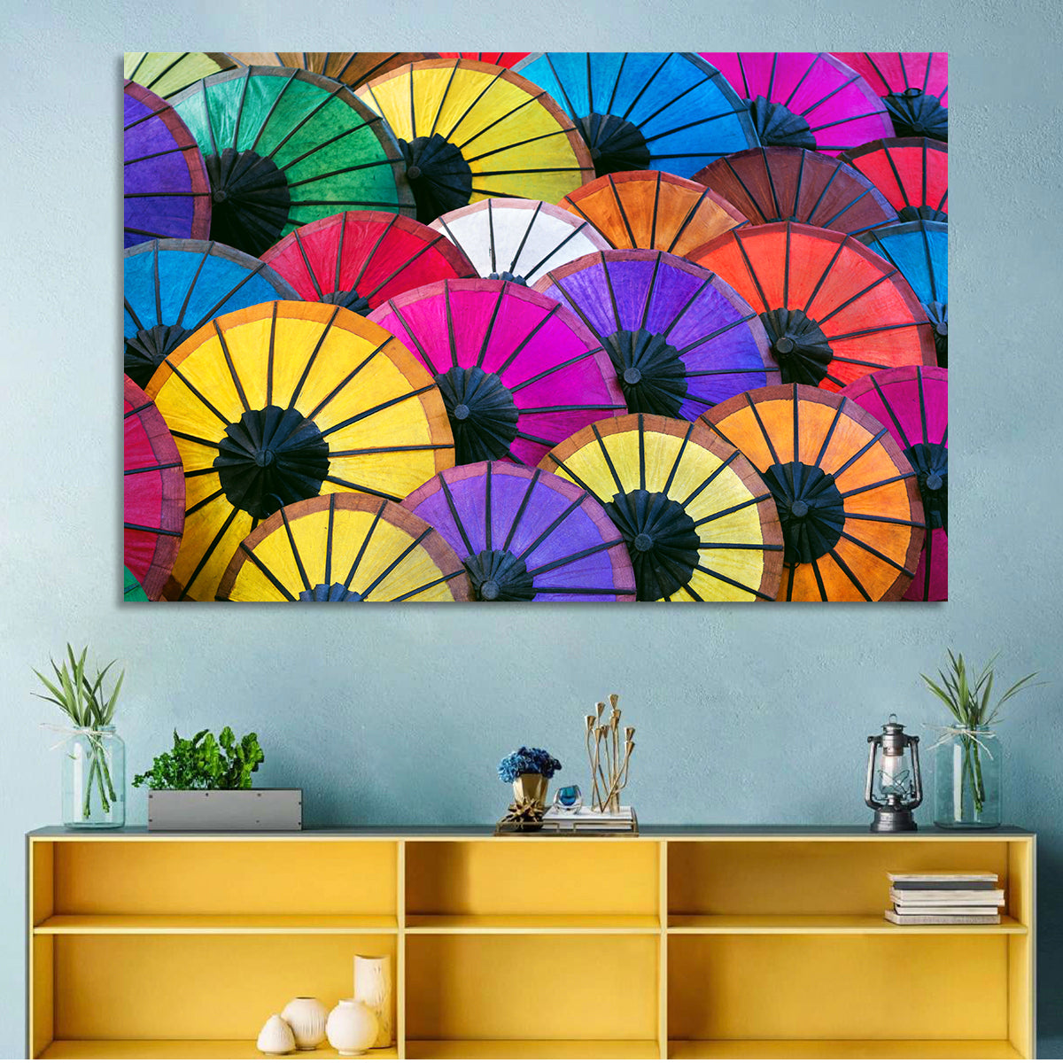 Vibrant Market Parasols Wall Art in a room, landscape