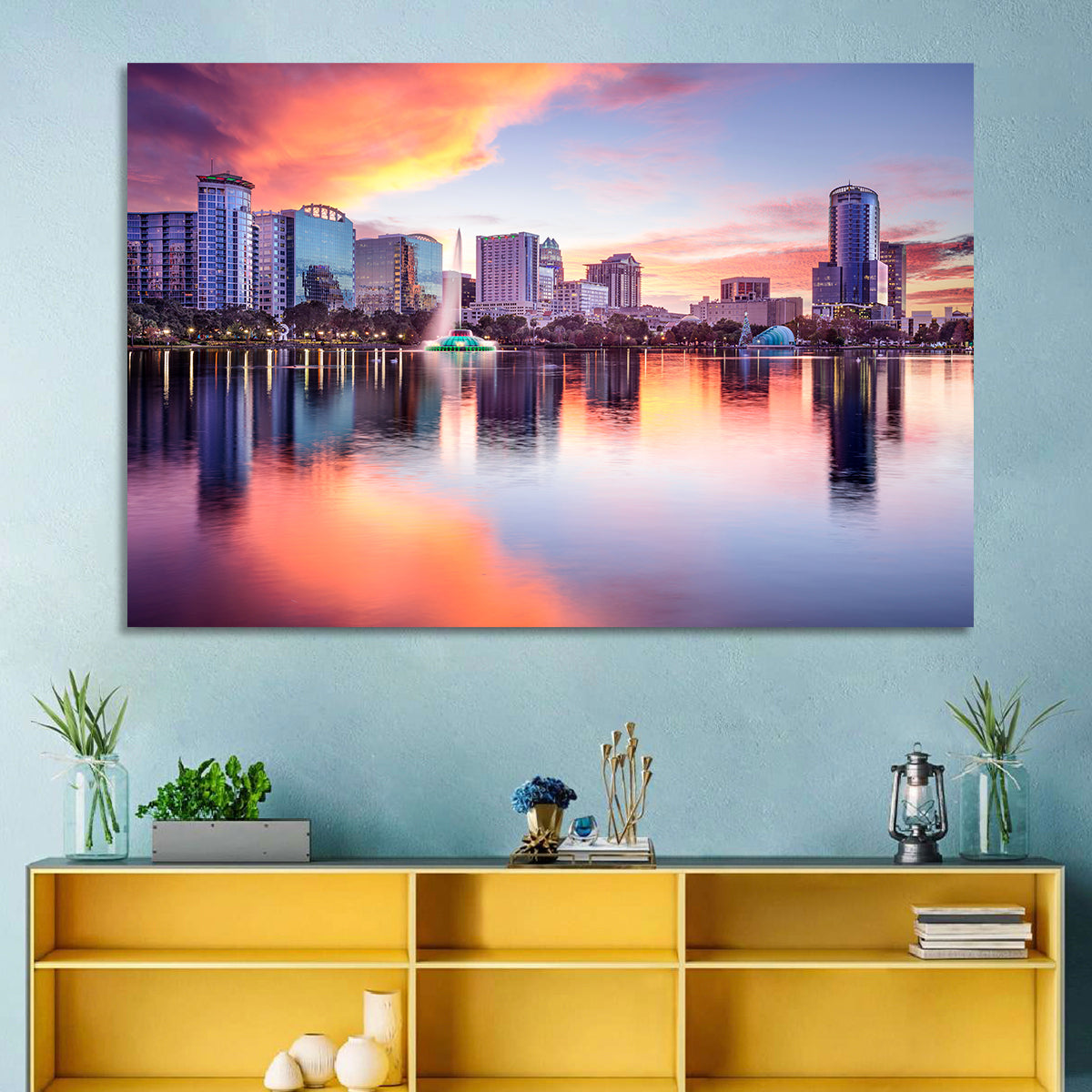 Lake Eola Sunset Orlando Wall Art in a room, landscape