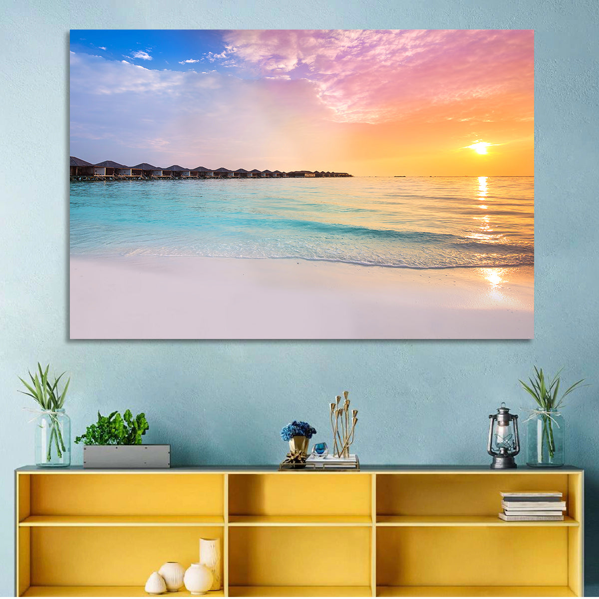 Overwater Bungalows at Sunset Wall Art