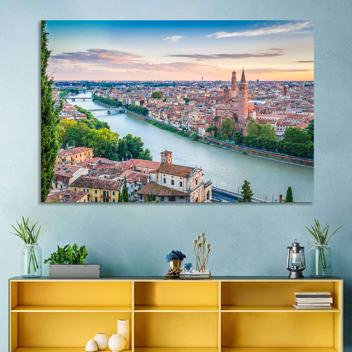 Verona Riverbend at Golden Hour Wall Art in a room, landscape