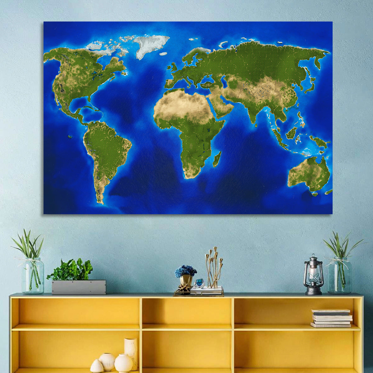 Satellite-style Blue World Map Wall Art in a room, landscape