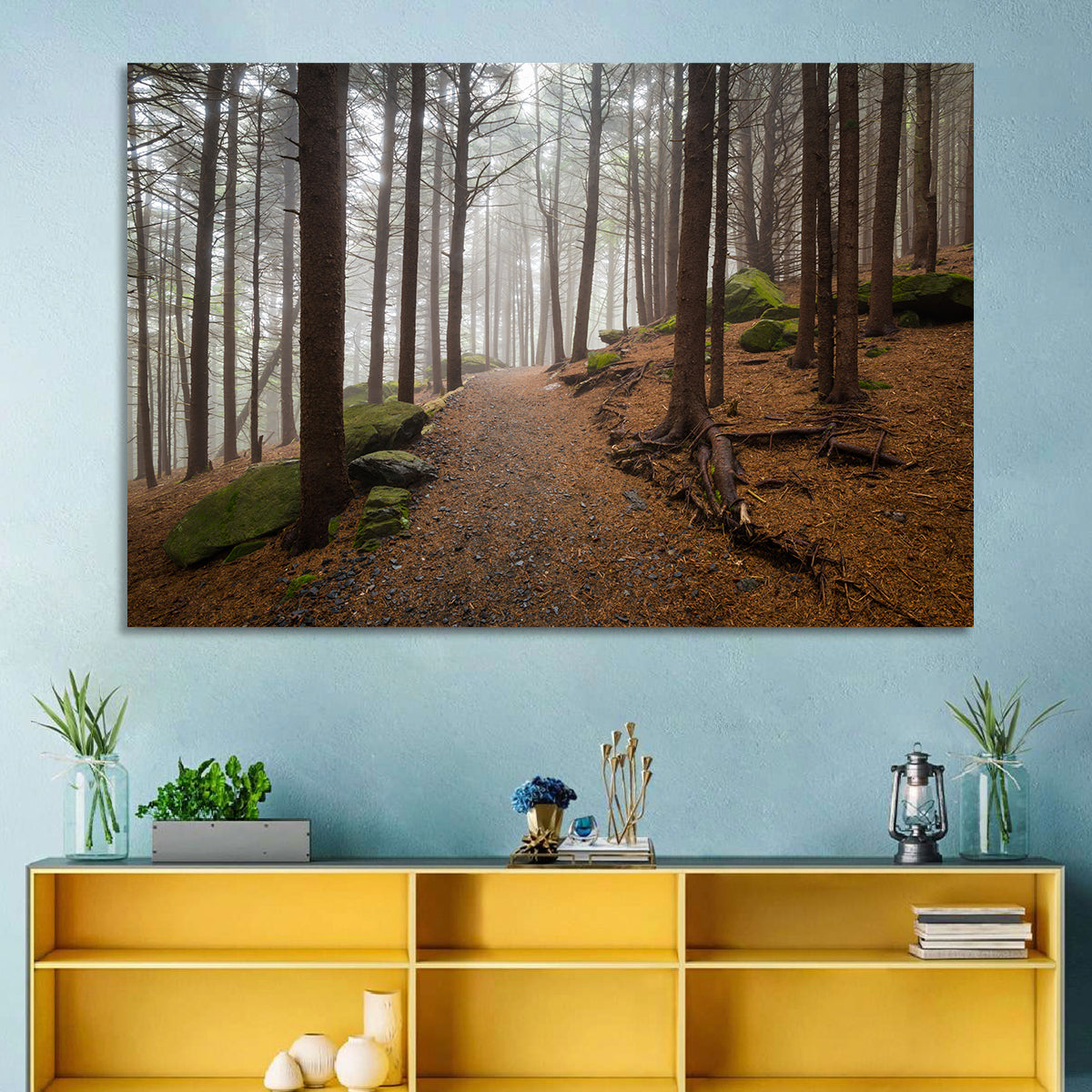 Misty Appalachian Trail Path Wall Art in a room, landscape