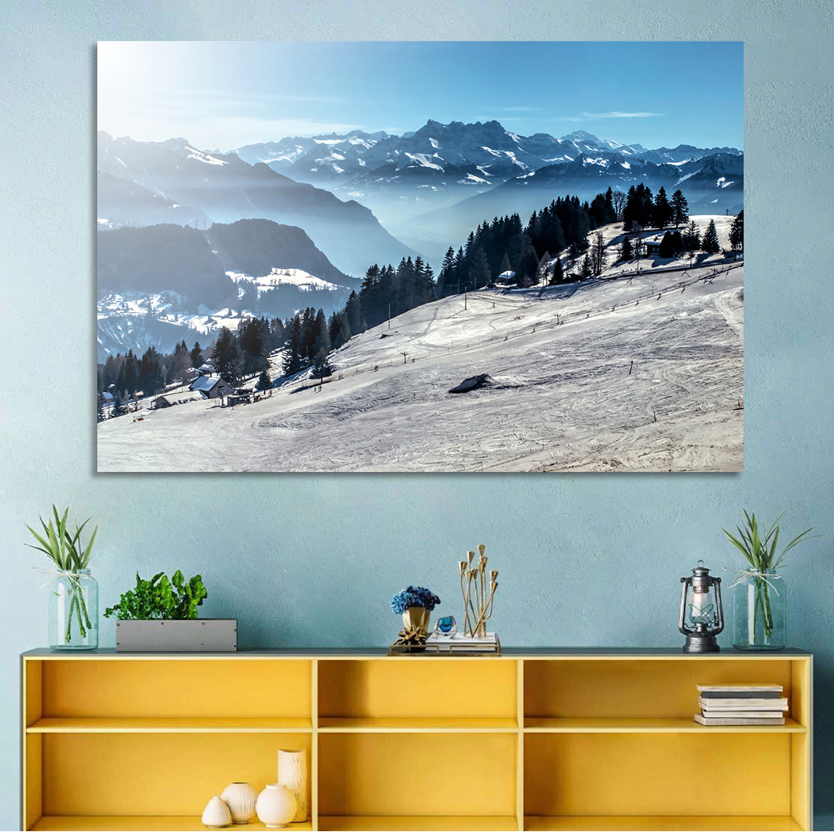 Sunlit Alpine Ski Slope Wall Art in a room, landscape