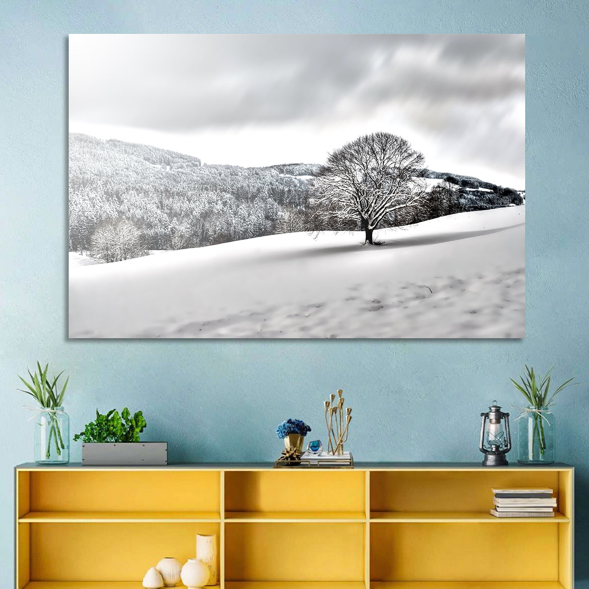 Solitary Snowy Tree Landscape Wall Art in a room, landscape