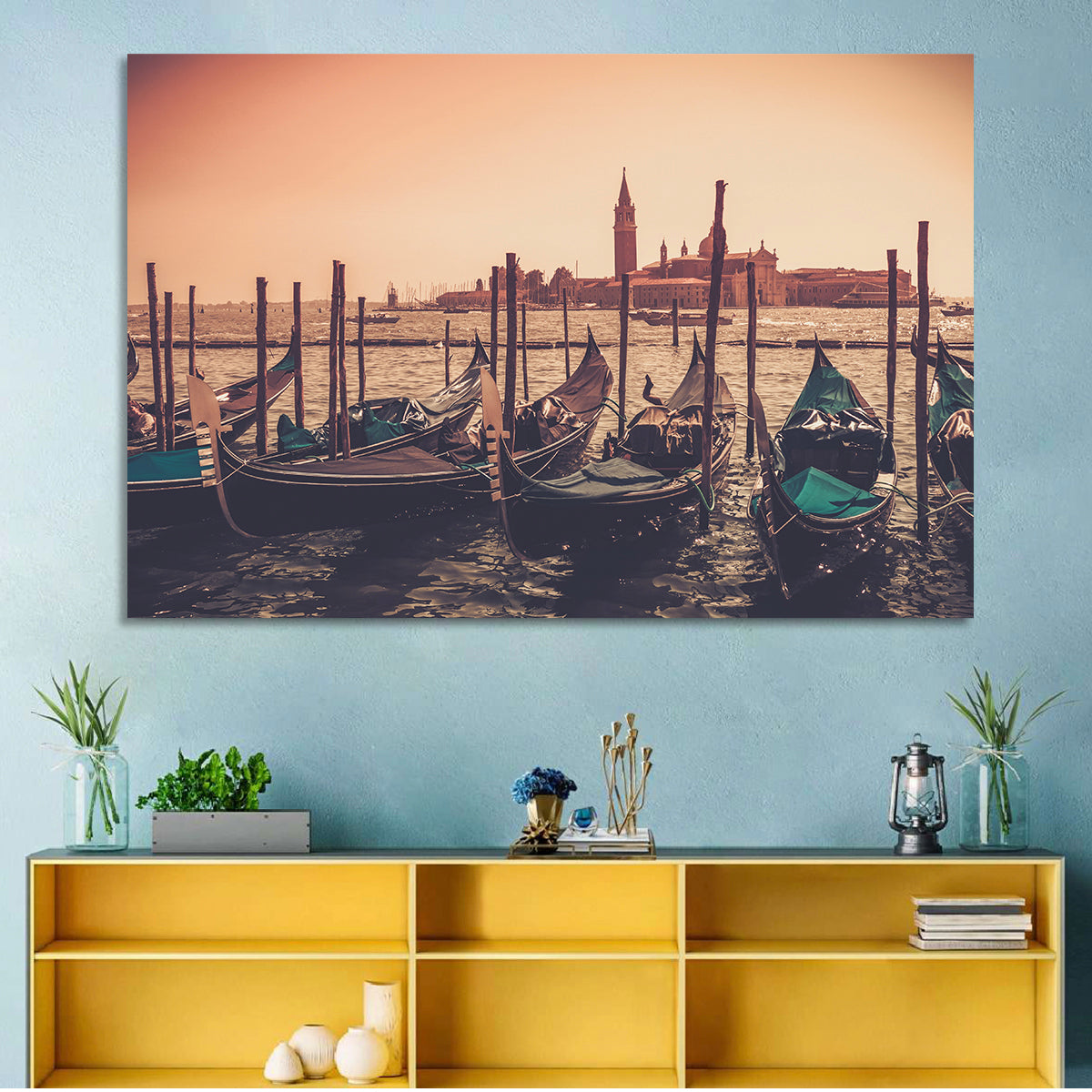 Venetian Gondolas at Dusk Wall Art in a room, landscape