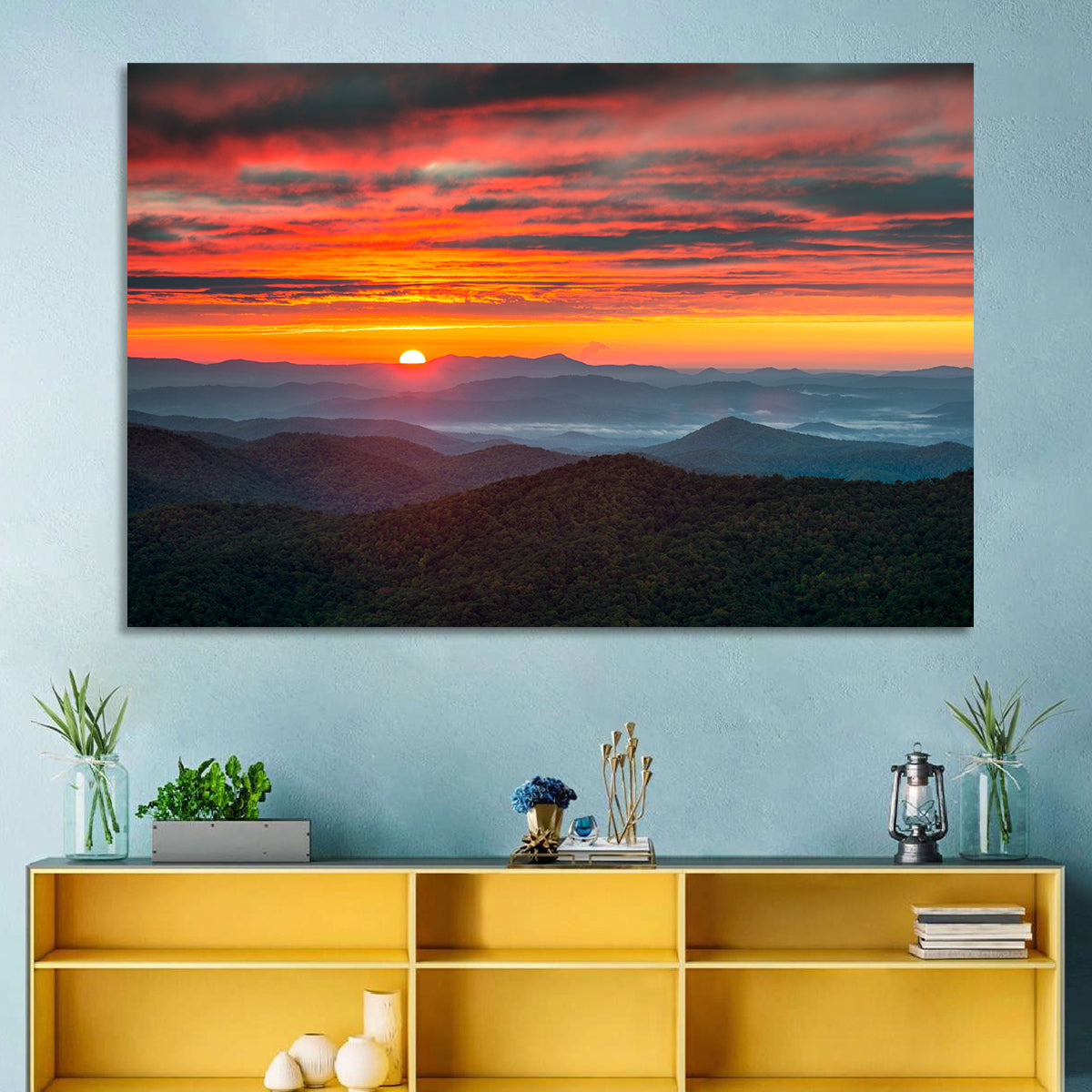 Blue Ridge Sunrise Over Misty Ridges Wall Art in a room, landscape