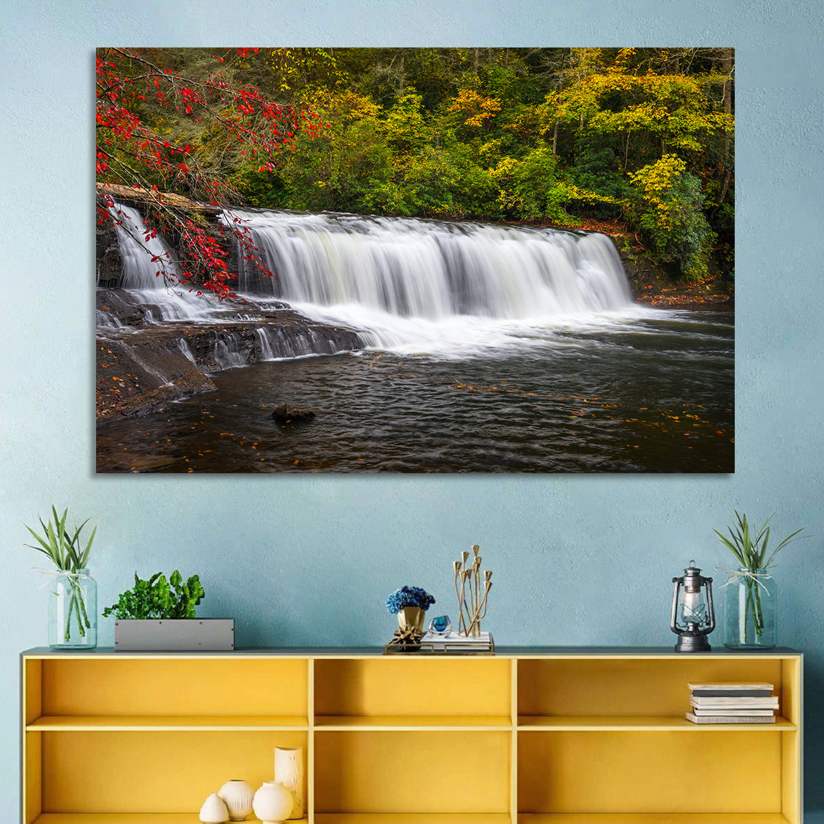 Blue Ridge Autumn Waterfall Wall Art in a room, landscape