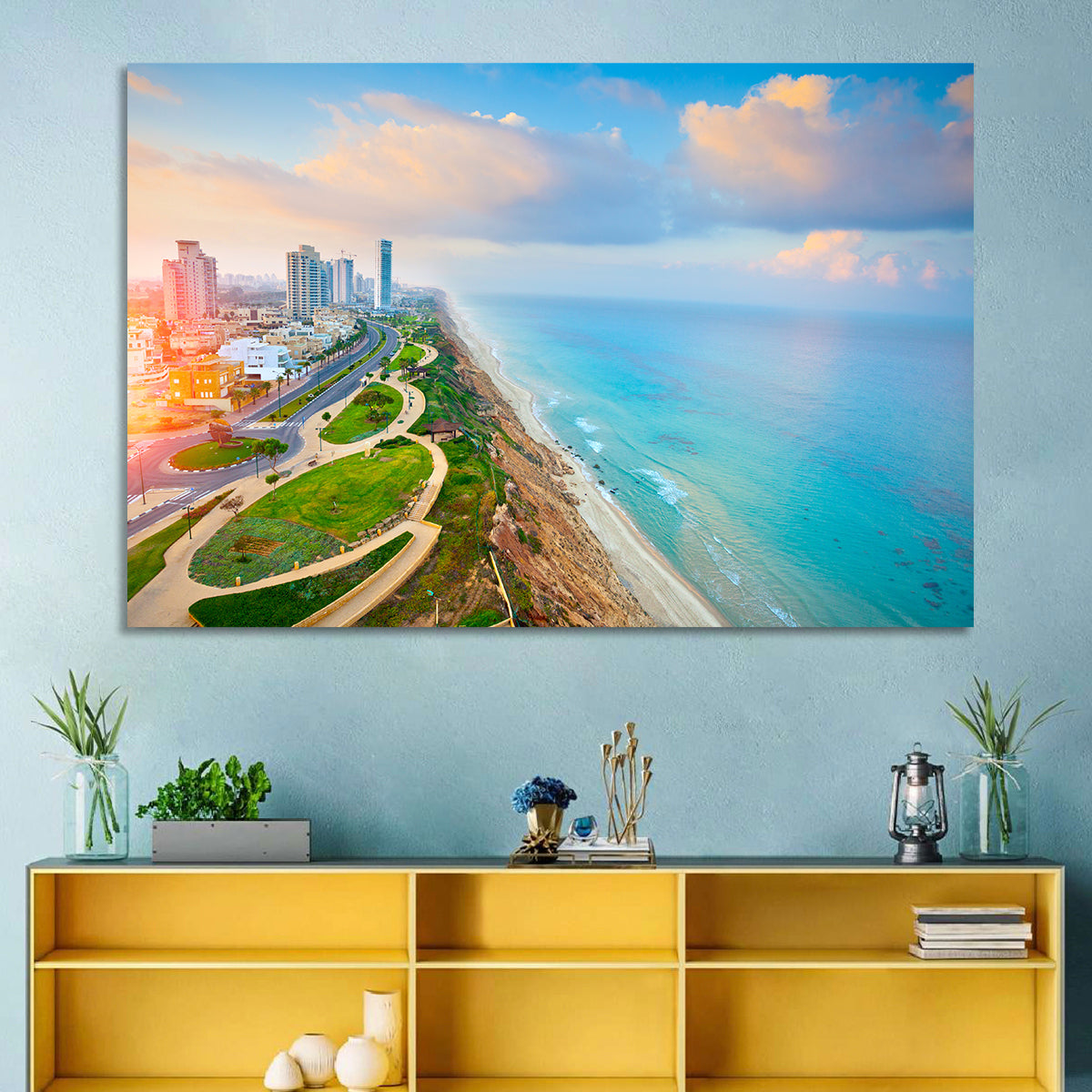 Netanya Coastline at Golden Hour Wall Art in a room, landscape