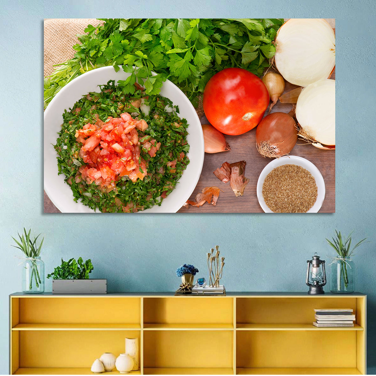 Top-down Tabbouleh Salad Wall Art in a room, landscape