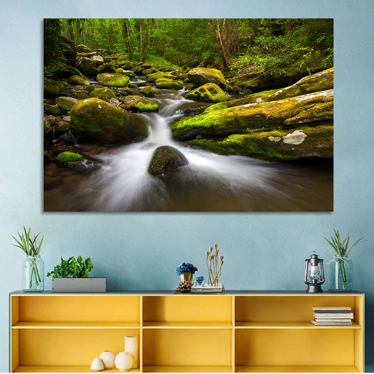Mossy Forest Stream Wall Art in a room, landscape