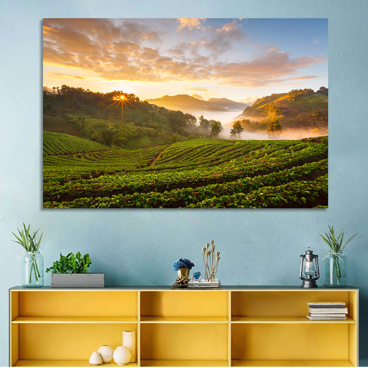 Strawberry Fields Sunrise Wall Art in a room, landscape