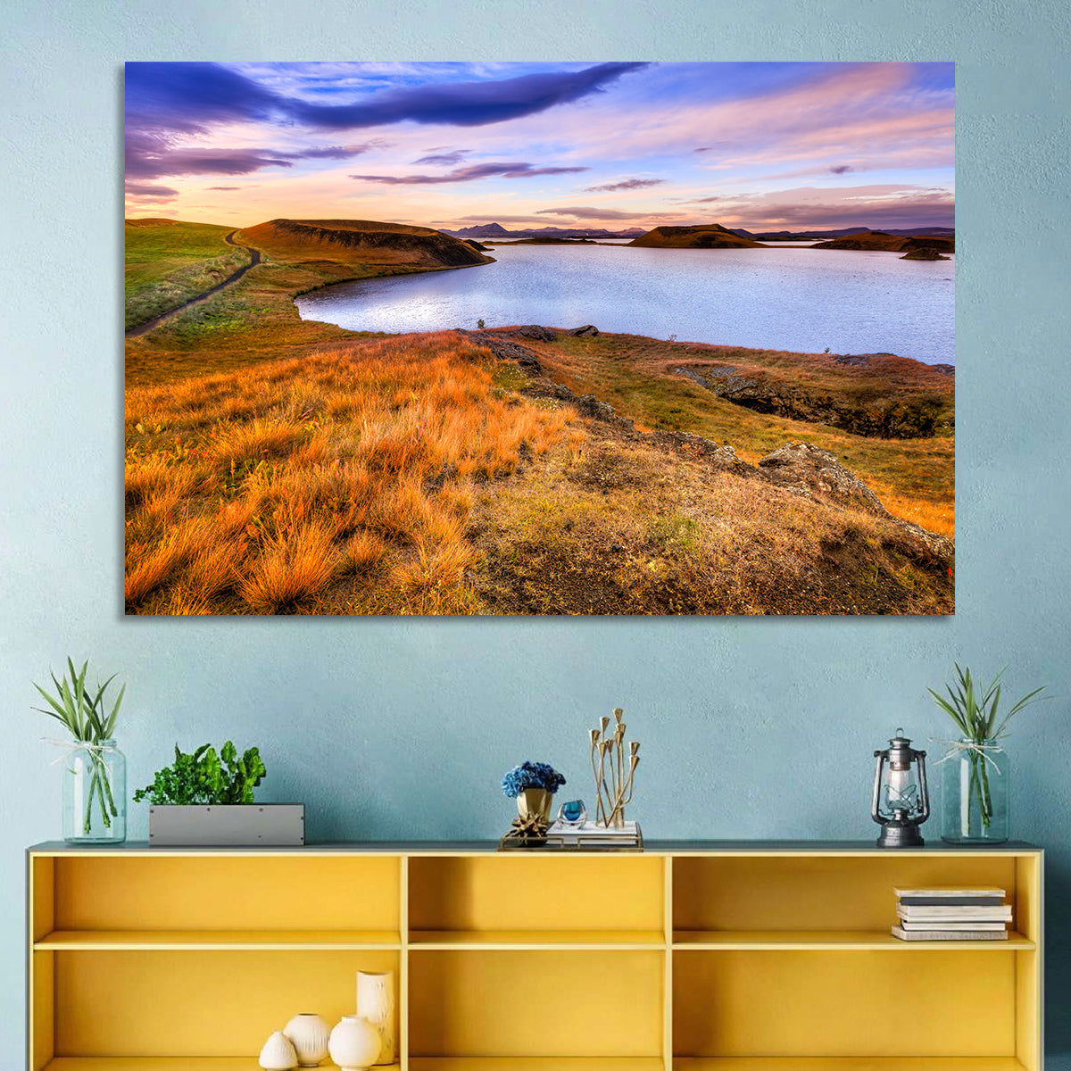 Sunset Over Lake Myvatn Wall Art in a room, landscape