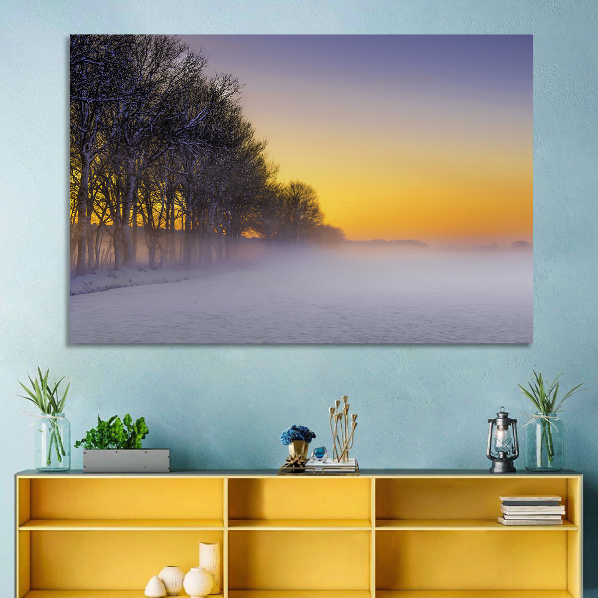 Winter Fog at Sunset Wall Art in a room, landscape