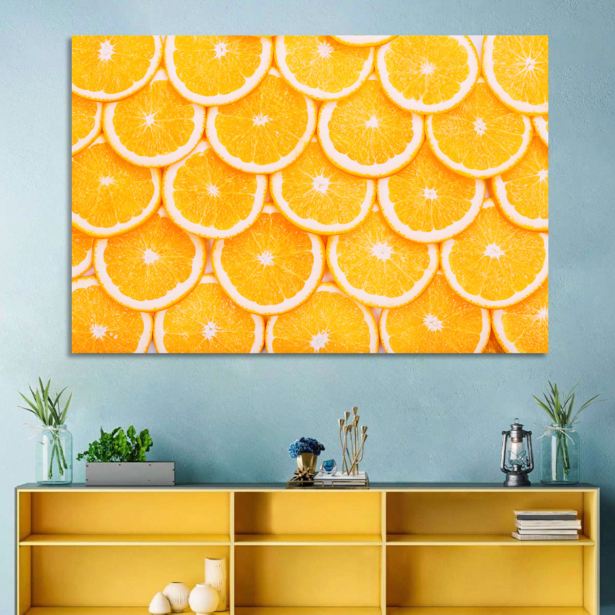 Orange Slice Grid Pattern Wall Art in a room, landscape